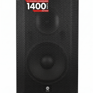 Visão frontal da Caixa de Som Ativa MJ Audio MJF15AD preta com alto-falante de 15 polegadas para som profissional
