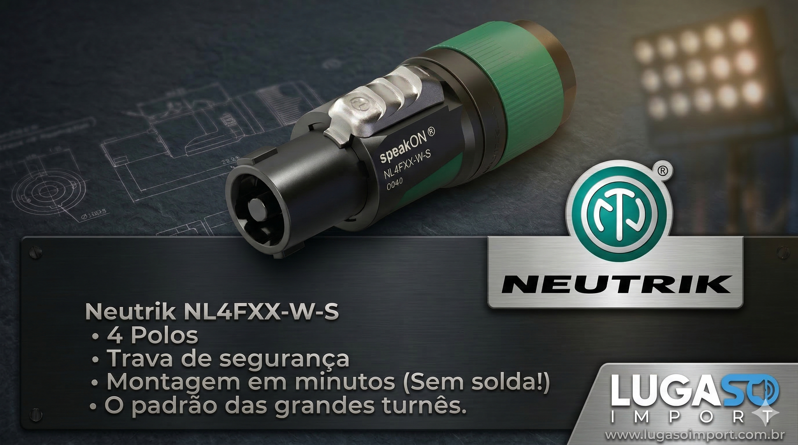 Conector Neutrik SpeakON NL4FXX-W-S 4 Polos Original Profissional
