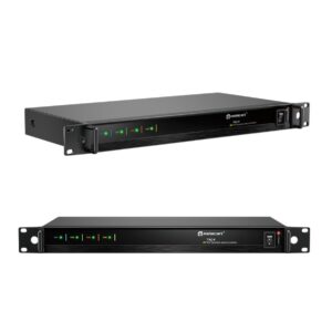 Combinador de antenas Relacart TAC-4 de quatro canais montável em rack, mostrando os painéis traseiro e frontal. O painel traseiro possui quatro pares de conectores BNC e uma entrada de energia AC.