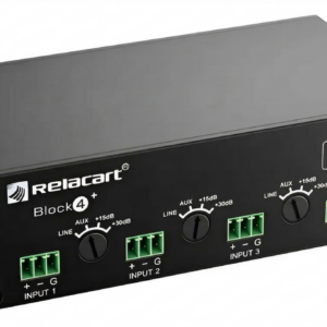 Interface de áudio Dante Relacart Block4+ vista frontal mostrando conectores Euroblock e LEDs indicadores.