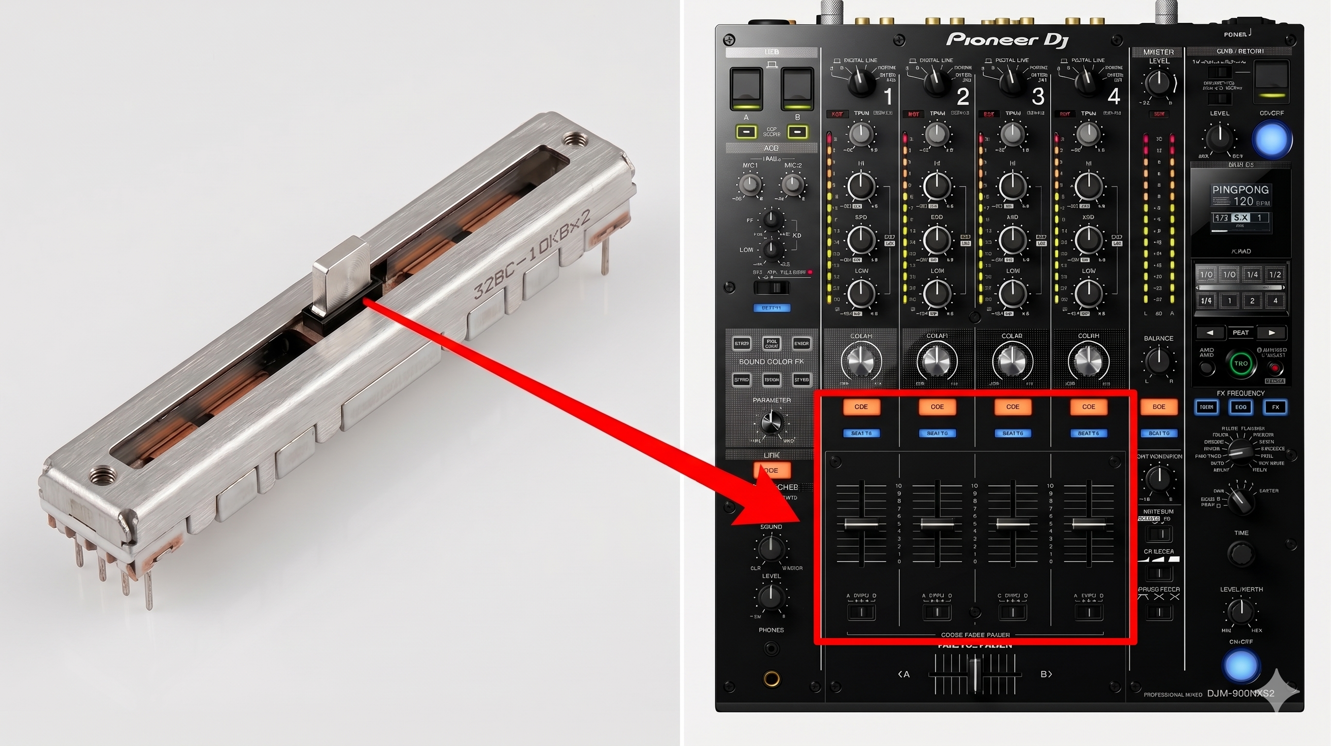 Potenciômetro Fader Pioneer DCV1027 Original ALPS visto de frente mostrando o eixo metálico