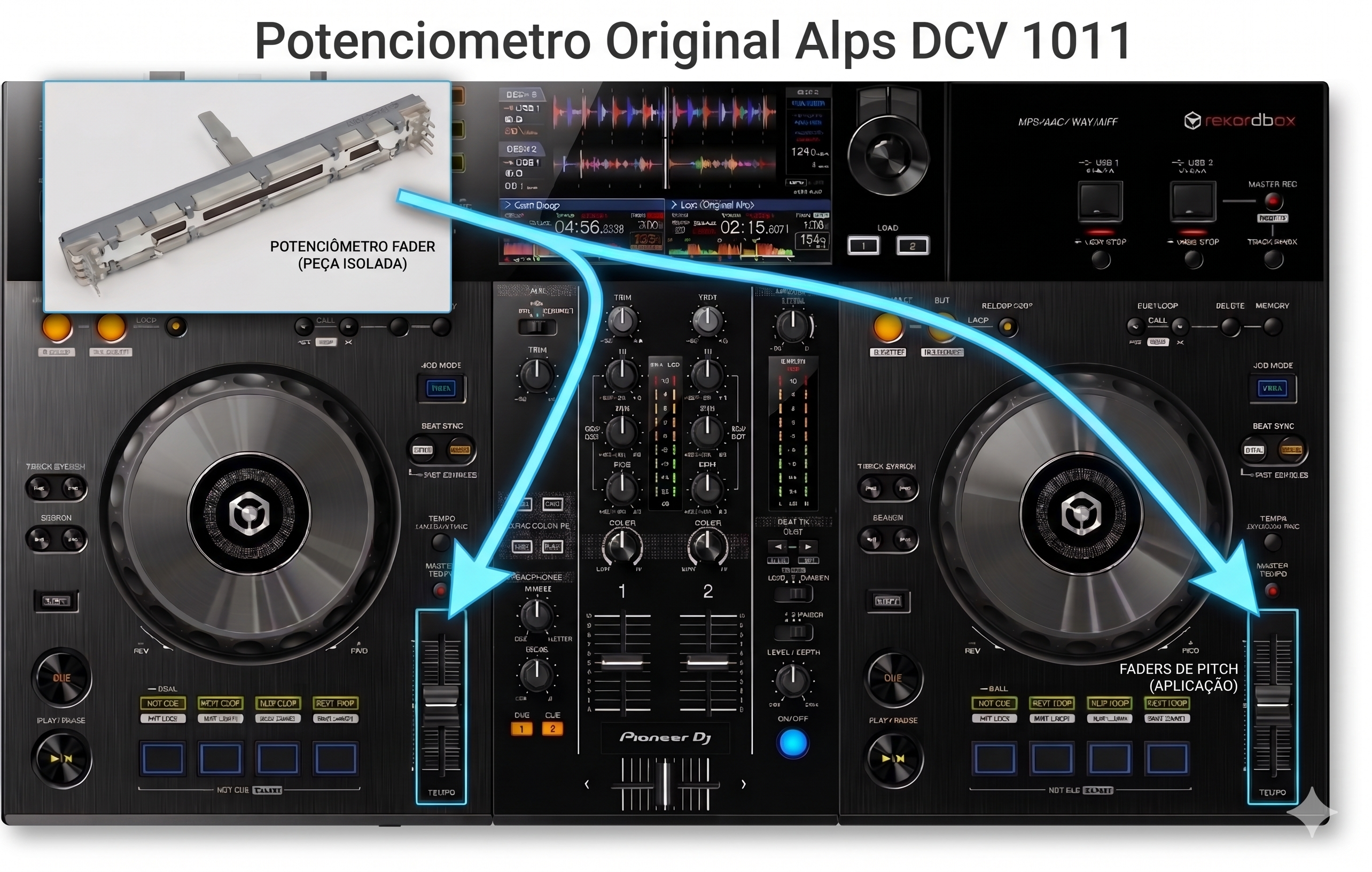Exemplo de aplicação do Fader DCV1011 na placa da controladora Pioneer para controle de Pitch e Master Tempo.