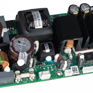 Vista superior da placa amplificadora de áudio Icepower 125asx2 original, detalhando seus componentes eletrônicos e dissipadores em uma placa verde.