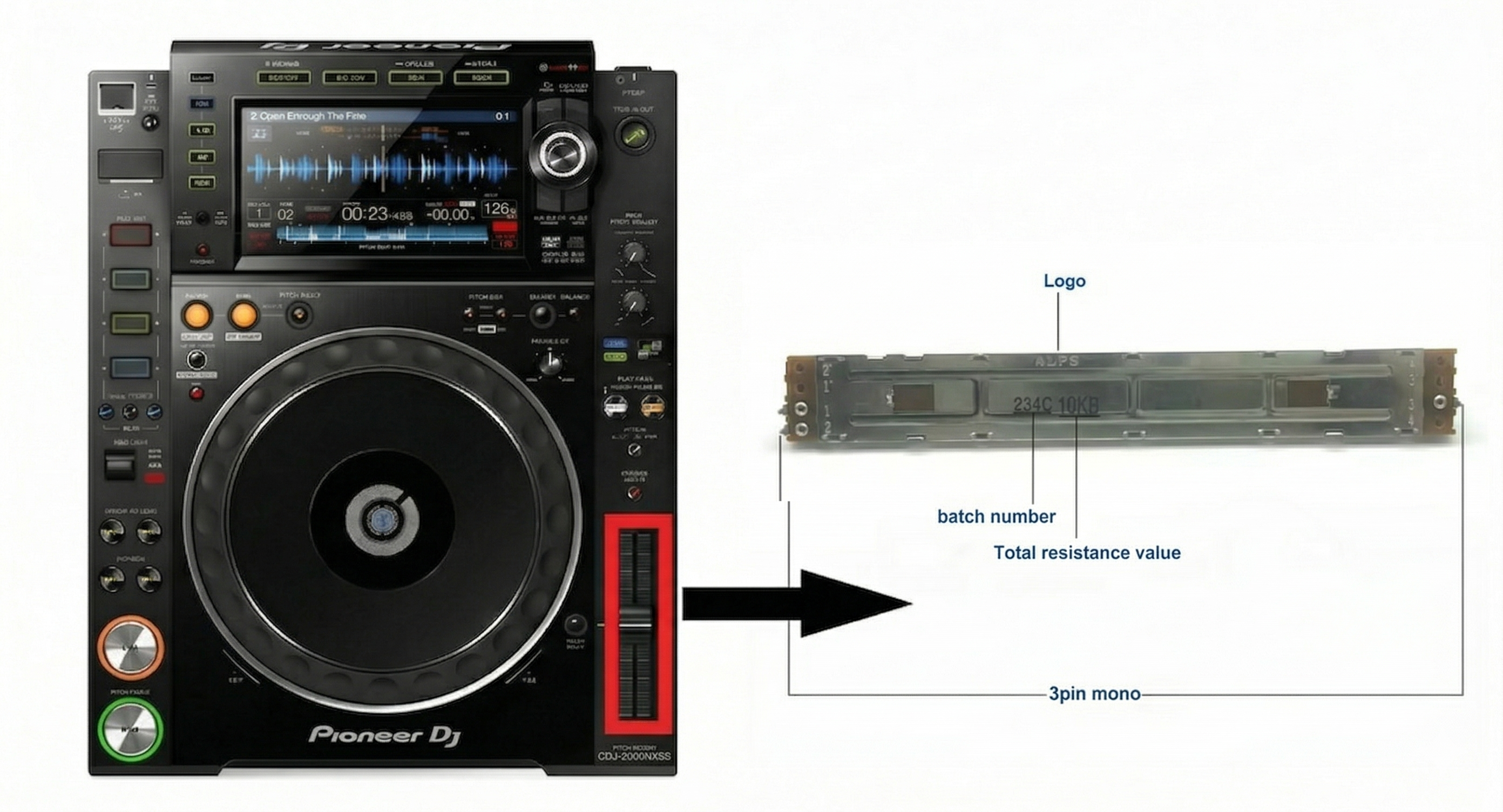 Foto frontal do potenciômetro fader pitch Pioneer original modelo DCV1013.