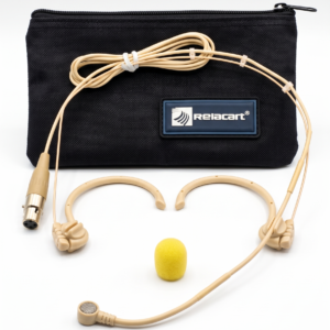 Microfone headset profissional Relacart HM500S na cor bege com conector TA4F padrão Shure.